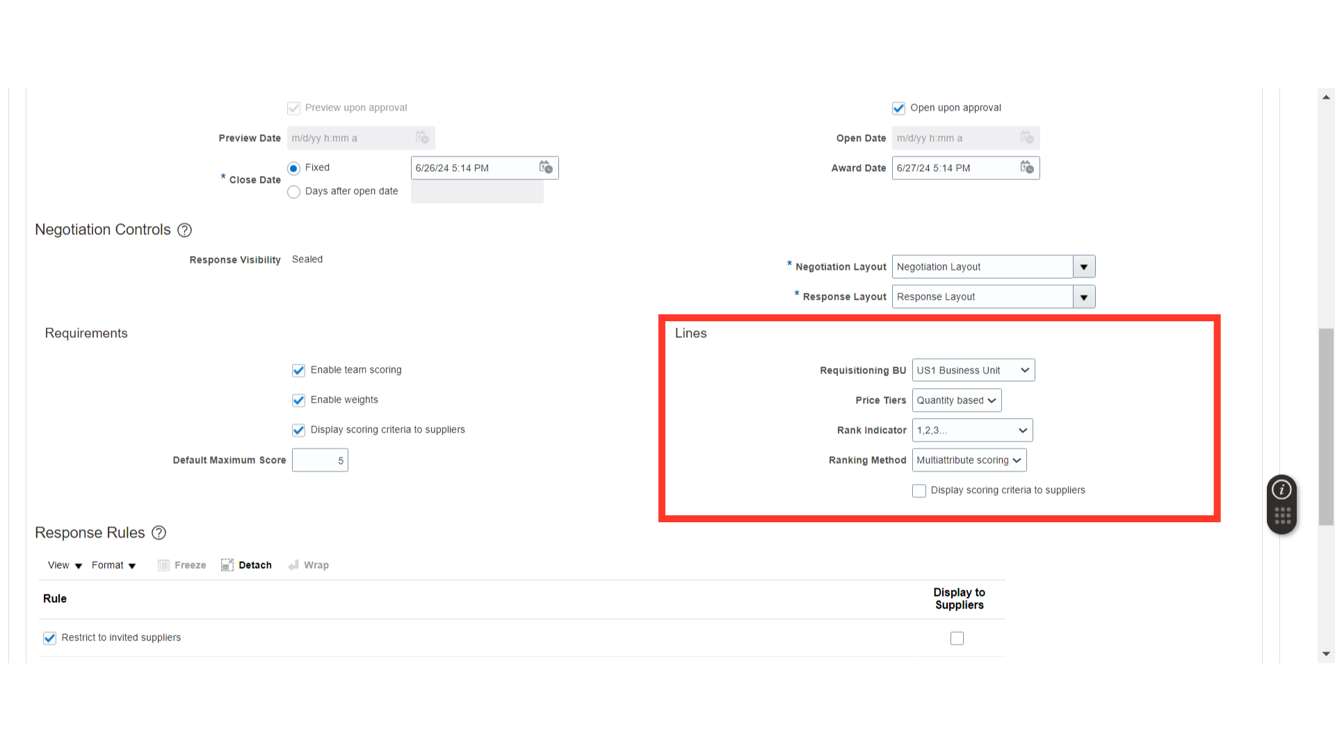 Click 'Display scoring criteria to suppliers'