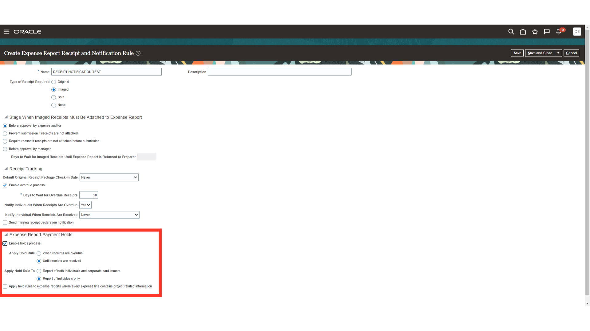 Manage Expense Report Receipt and Notification Rules