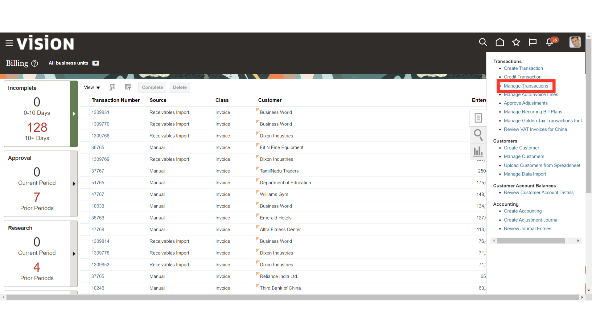 Click 'Manage Transactions'