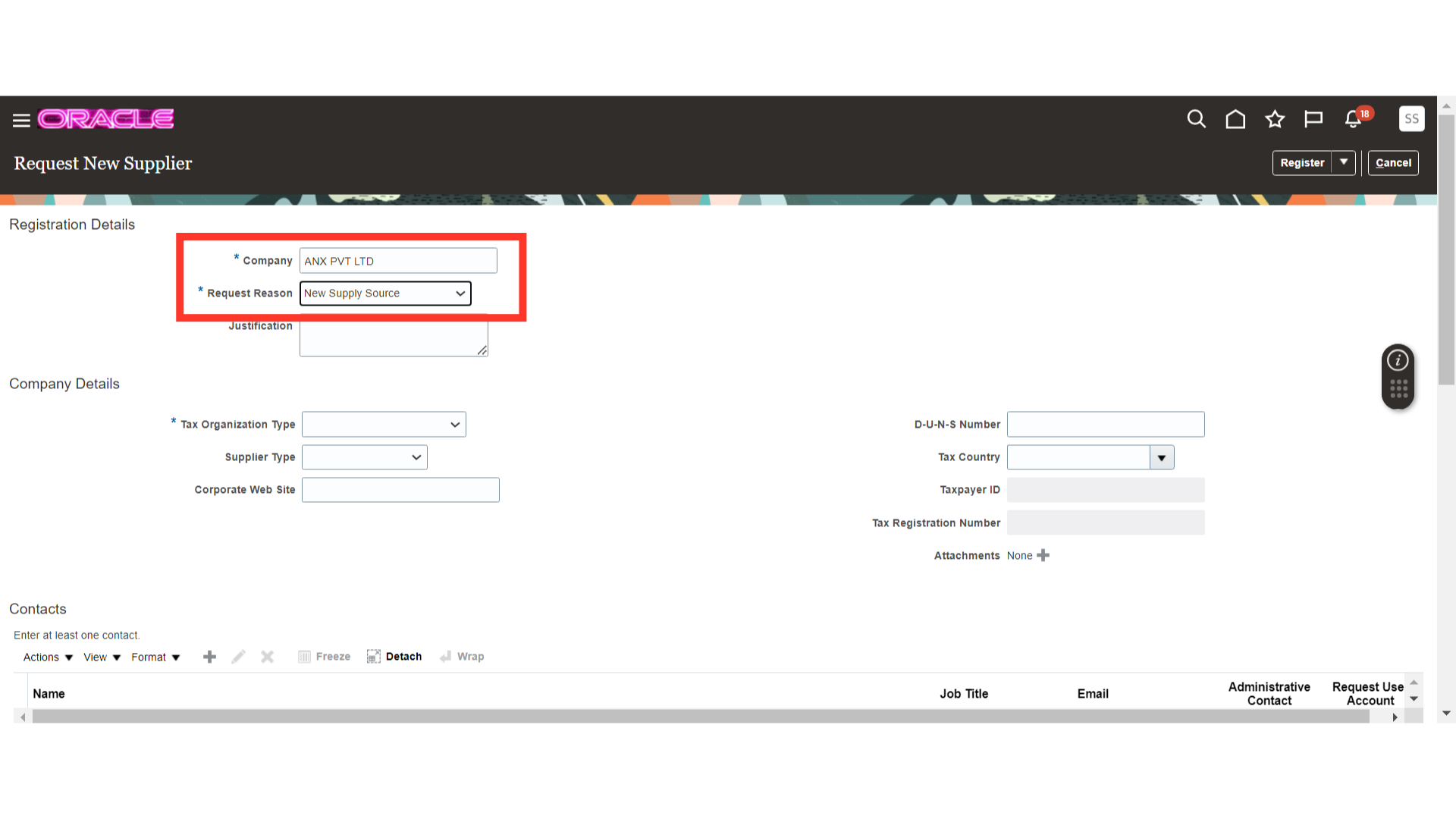 Fill 'Check RequestNew Supply SourceOne-time Supplier RequestSourcing Supplier Registration'