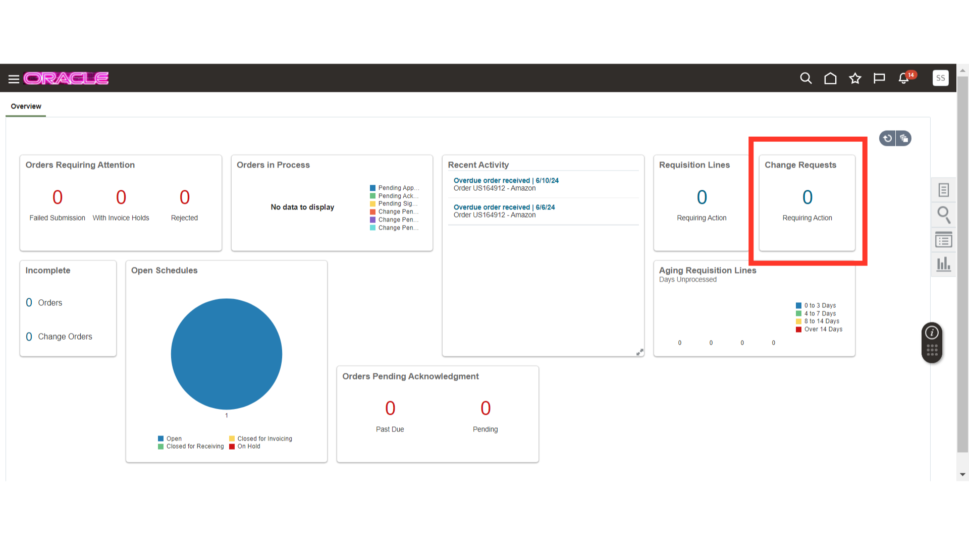 Click 'Orders Requiring Attention0Failed Submission0With Invoice Holds0Rejected  Orders in ProcessPending App…Pending Ack…Pending Sig…Change Pen…Change Pen…Change Pen…No data to display  Recent...'