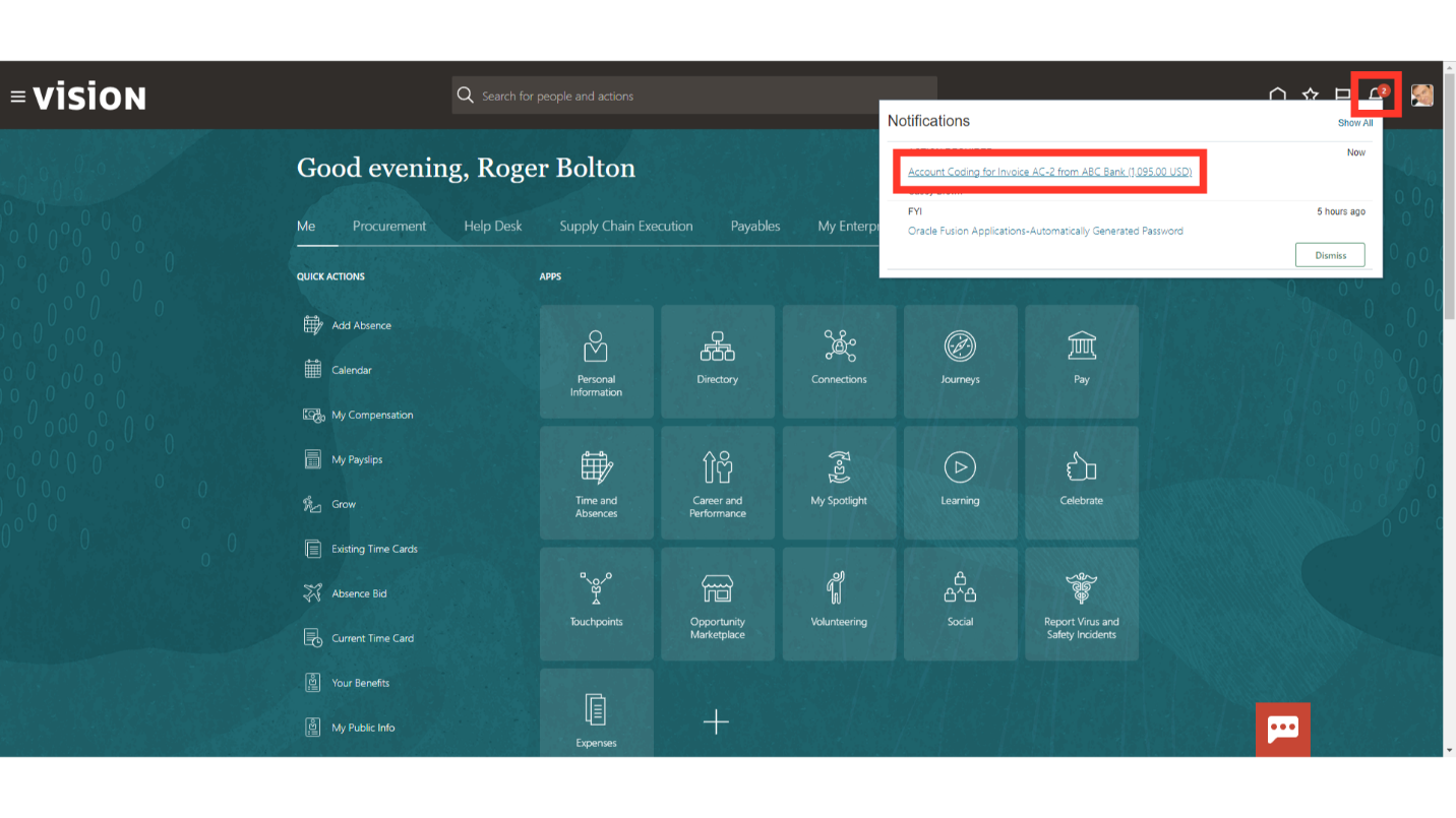 Click 'Account Coding for Invoice AC-2 from ABC Bank (1,095.00 USD)'