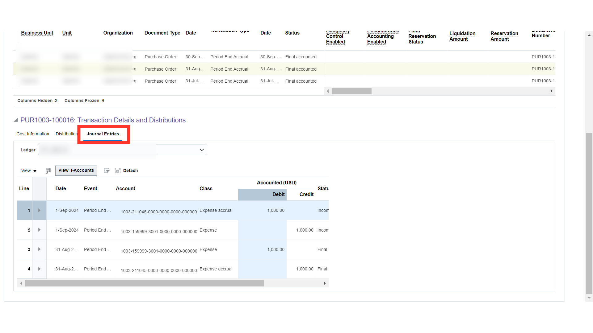 Click 'ViewAbout This RecordColumnsShow AllJournal Line NumberStatusAccounted (USD)DebitCreditClassOverride ReasonOverridden AccountAccountLegal Entity...'
