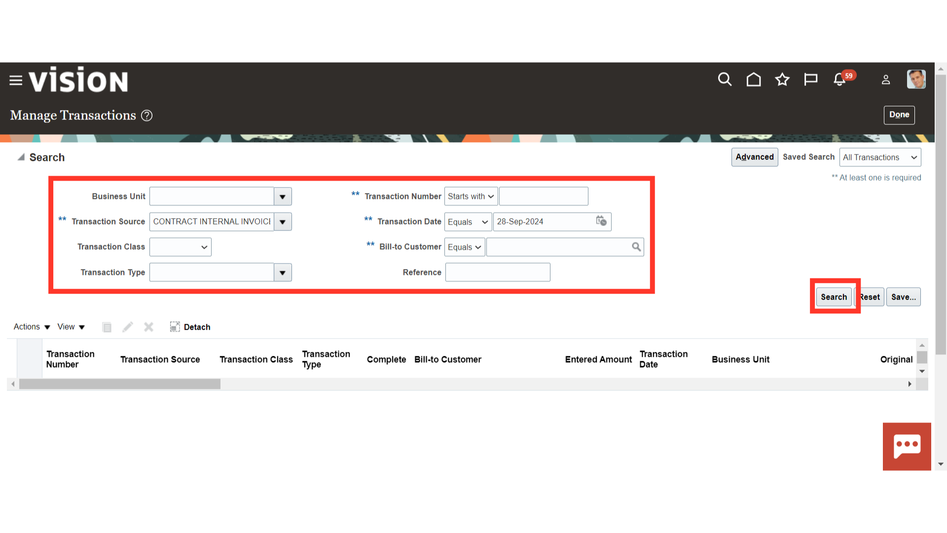Click 'Business Unit Business UnitAutocompletes on TAB**Transaction Source Transaction SourceAutocompletes on TABTransaction ClassChargebackCredit MemoDebit MemoInvoice Transaction ClassTransaction Type...'